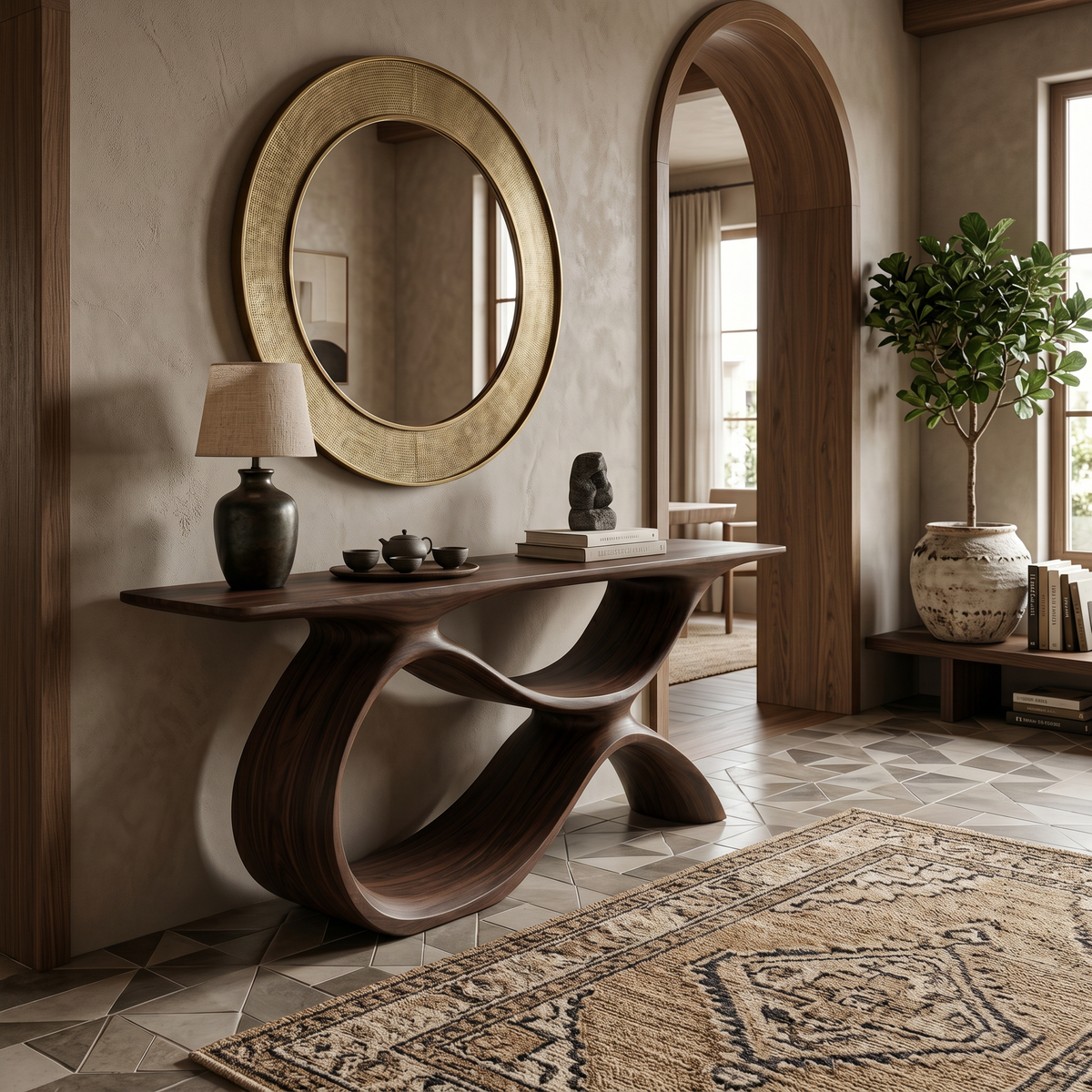 Modern Wooden Console Table With Curved Open Storage For Home - Image 7