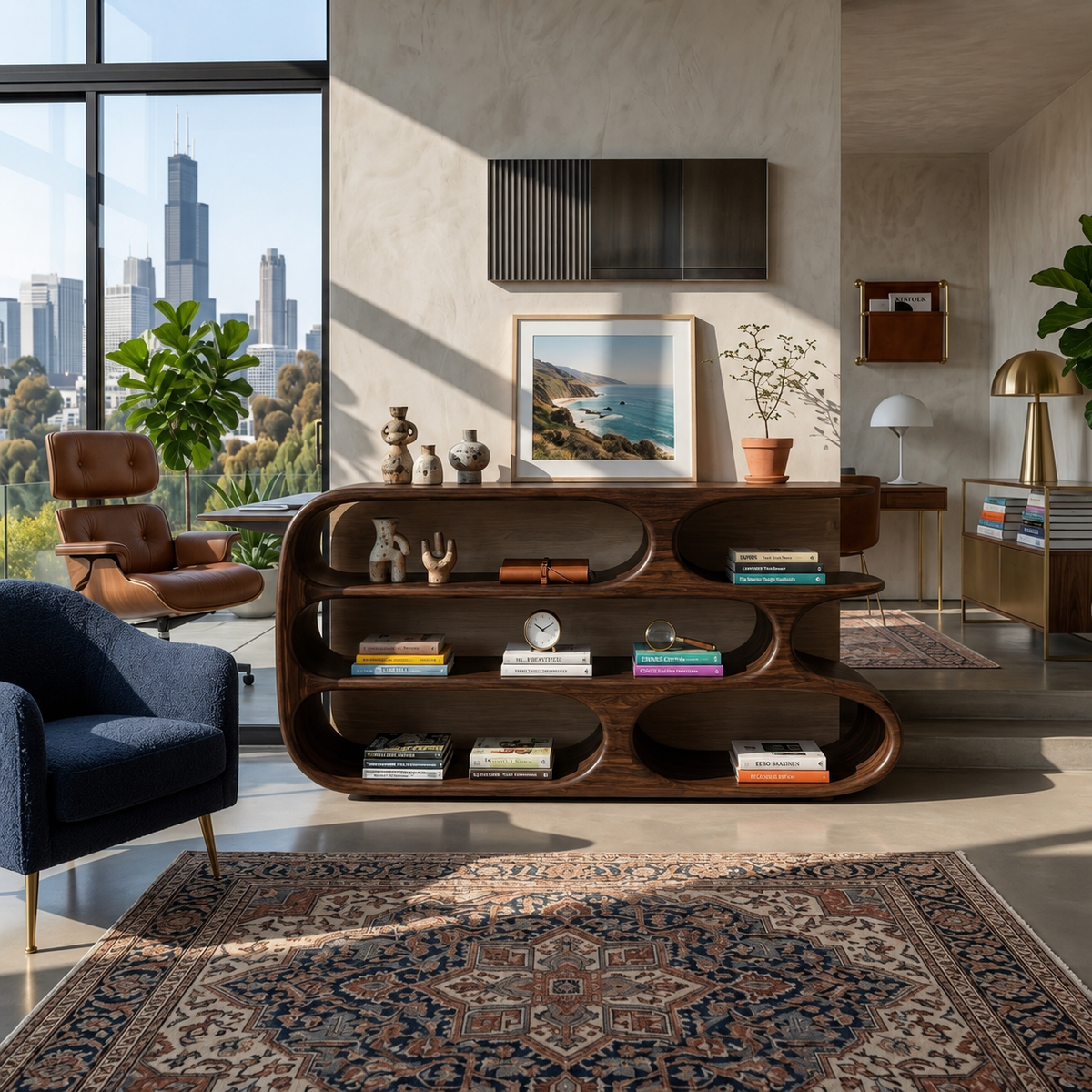 Modern Bookshelf With Sculptural Curves For Living Room Interior - Image 7