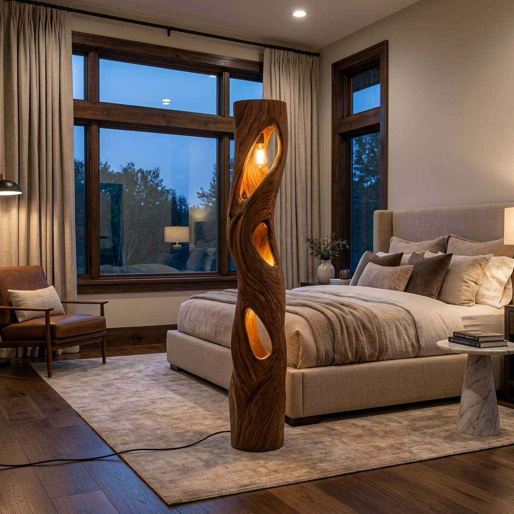 Rustic Sculptural Wooden Floor Lamp For Home Decor - Image 7