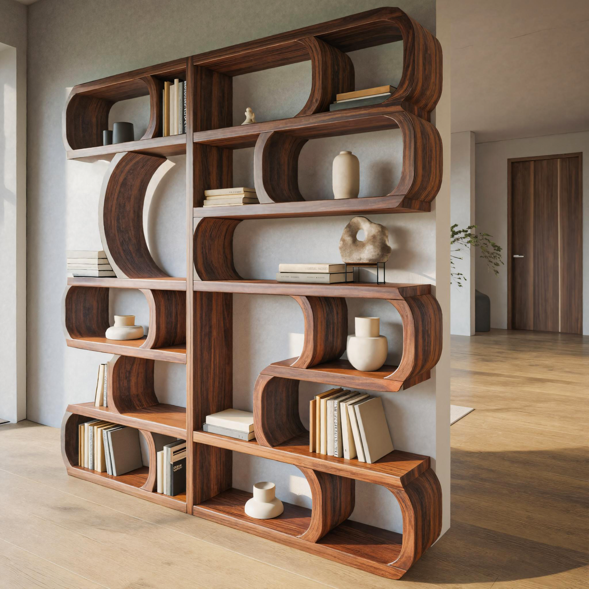 Modern Sculptural Bookshelf With Symmetrical Curves For Living Room Or Office - Image 7