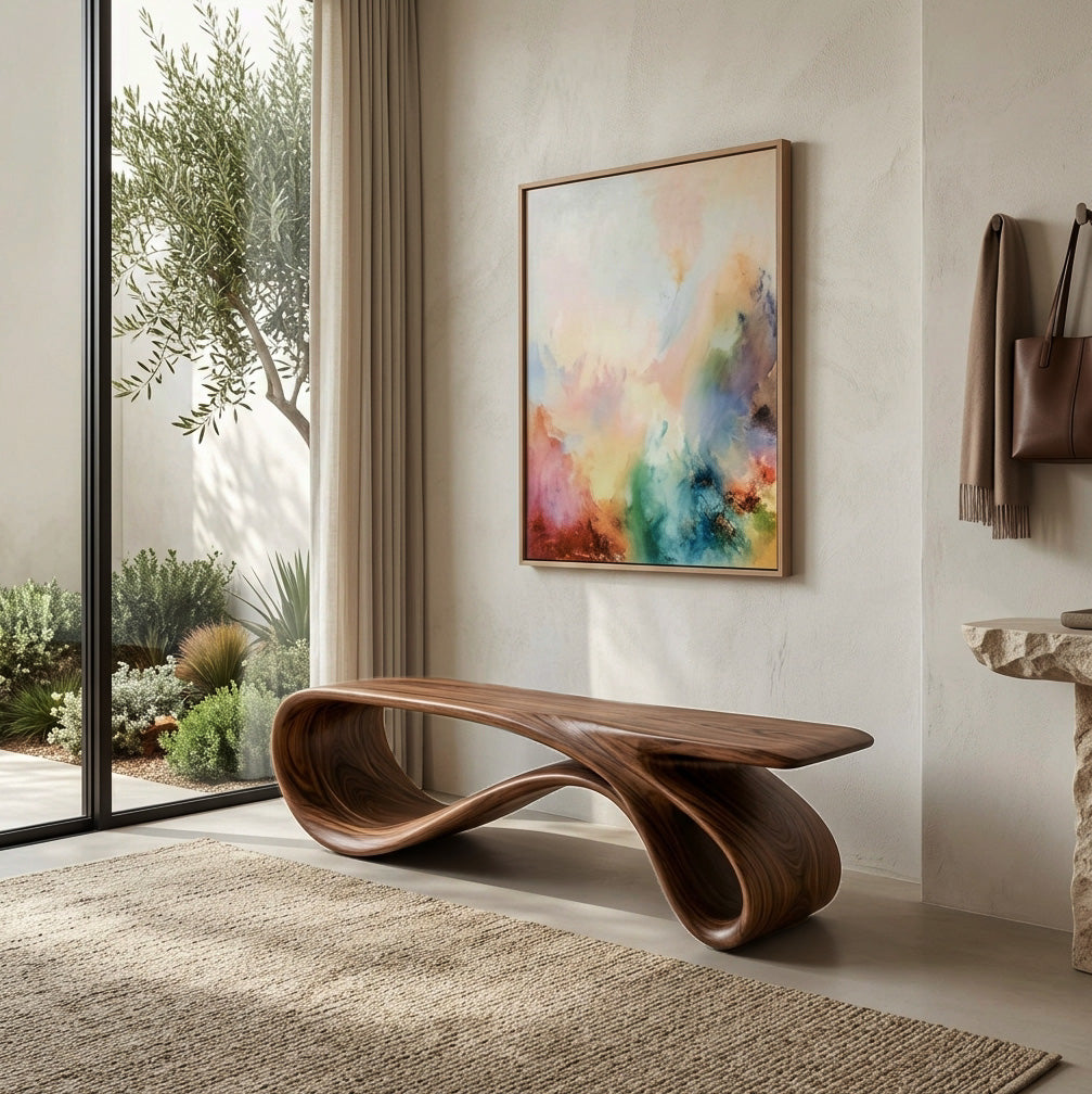 Curved Natural Wood Bench For Contemporary Living Room Decor - Image 7