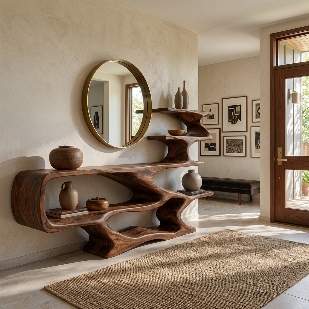 Modern Sculptural Wooden Console Table With Open Shelves For Interior - Image 7
