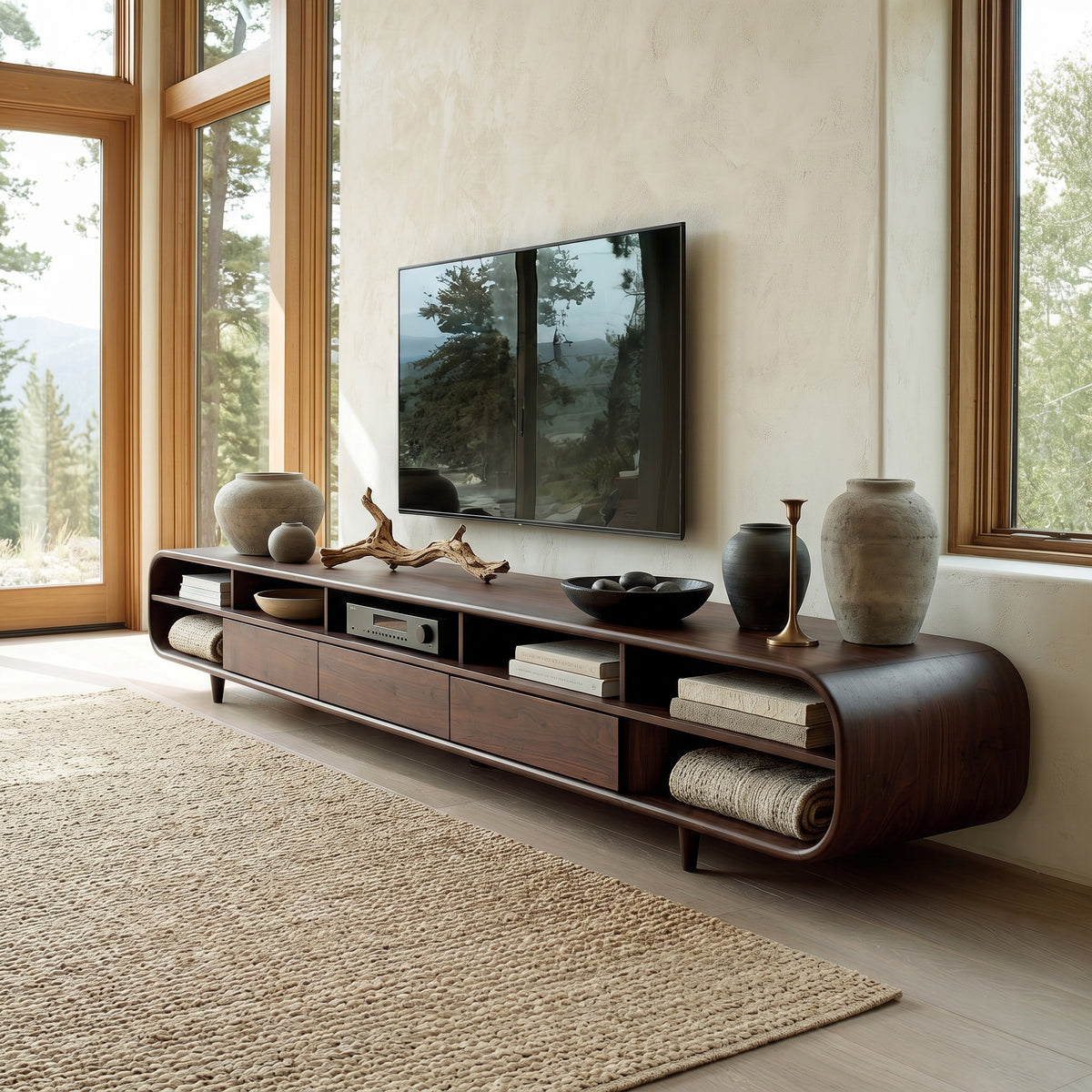 Mid Century Wooden TV Cabinet With Multiple Compartments For Living - Image 7