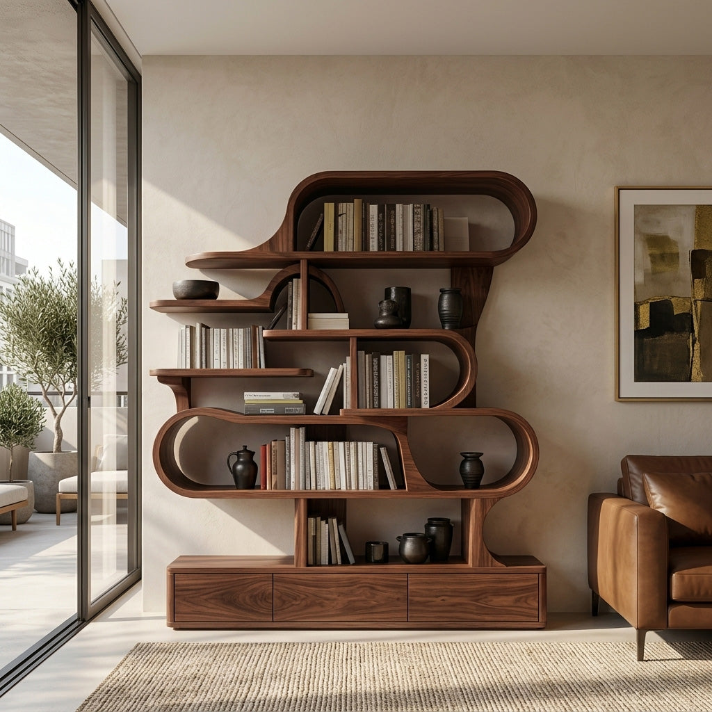 Modern Sculptural Bookshelf With Curved Design For Living Room Or Office - Image 7