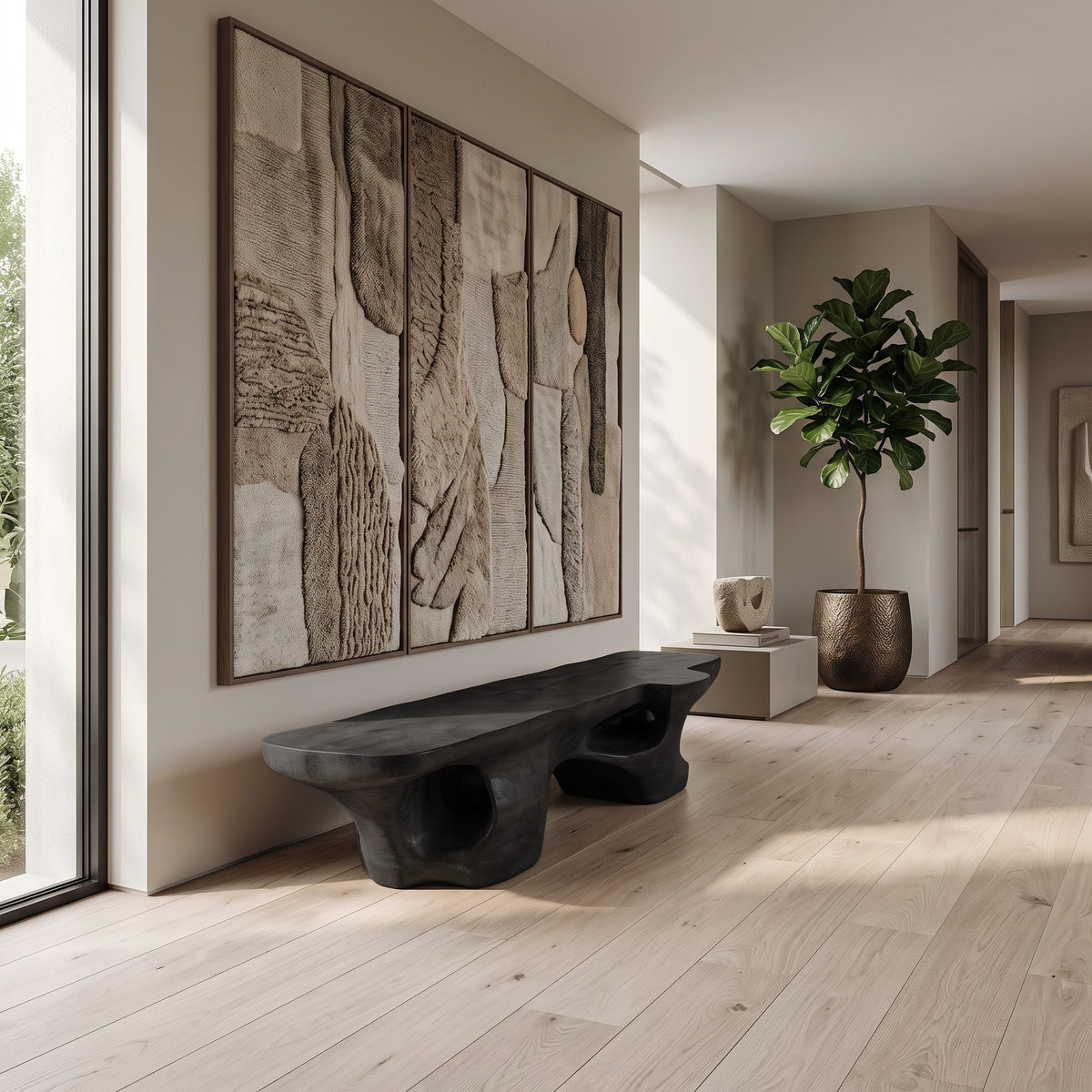 Contemporary Sculptural Bench With Carved Design For Living Room - Image 2