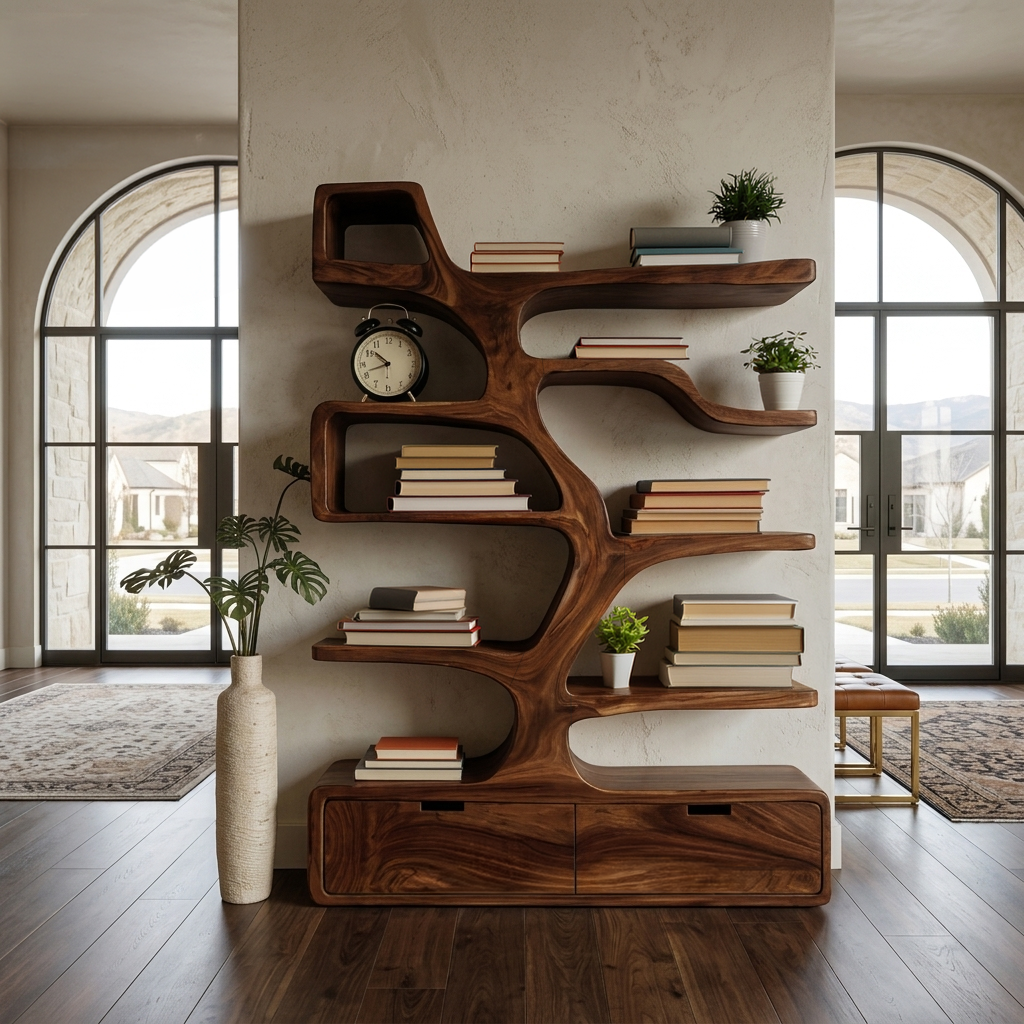 Contemporary Wooden Bookshelf Sculpted Design For Living Space - Image 7