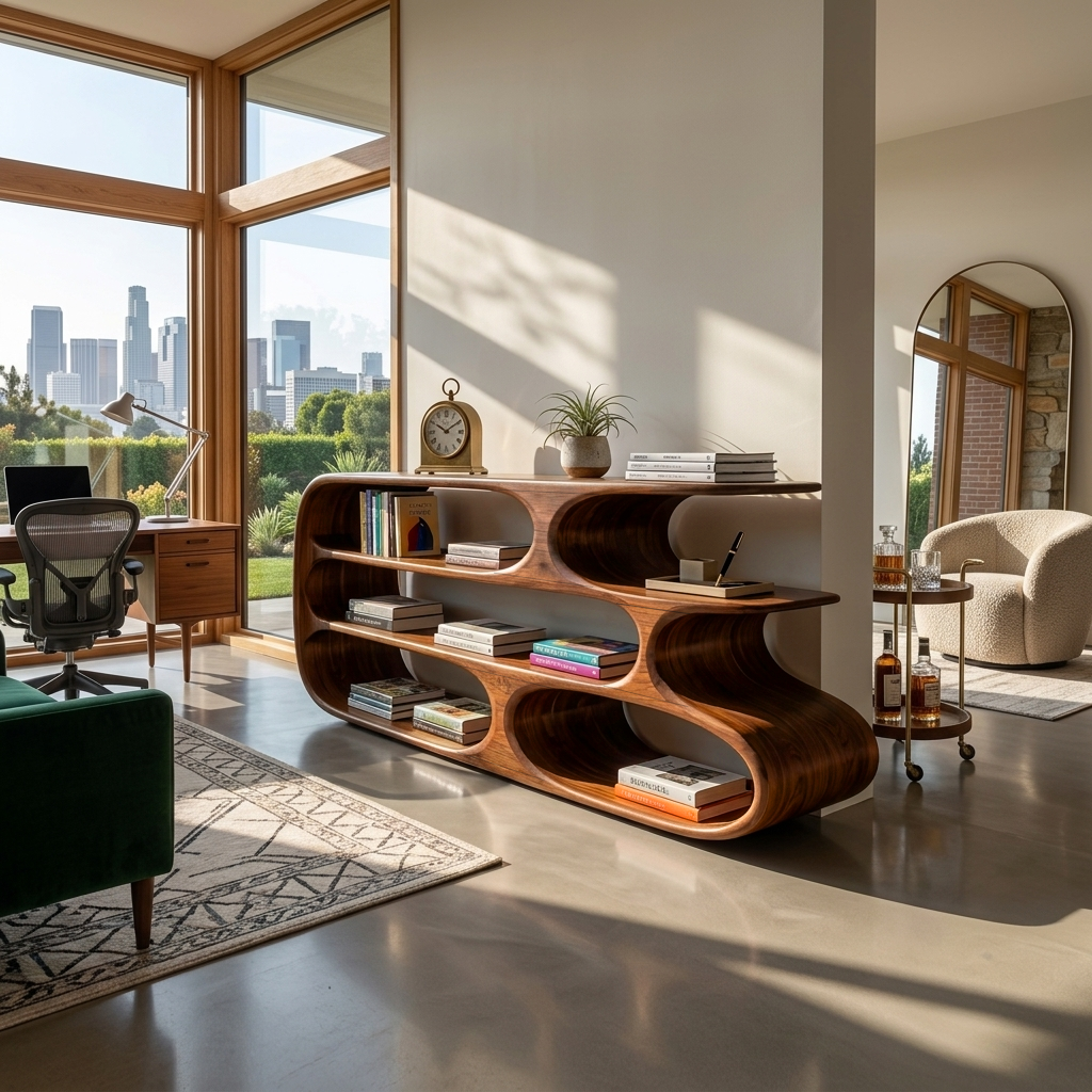 Modern Bookshelf With Sculptural Curves For Living Room Interior - Image 6
