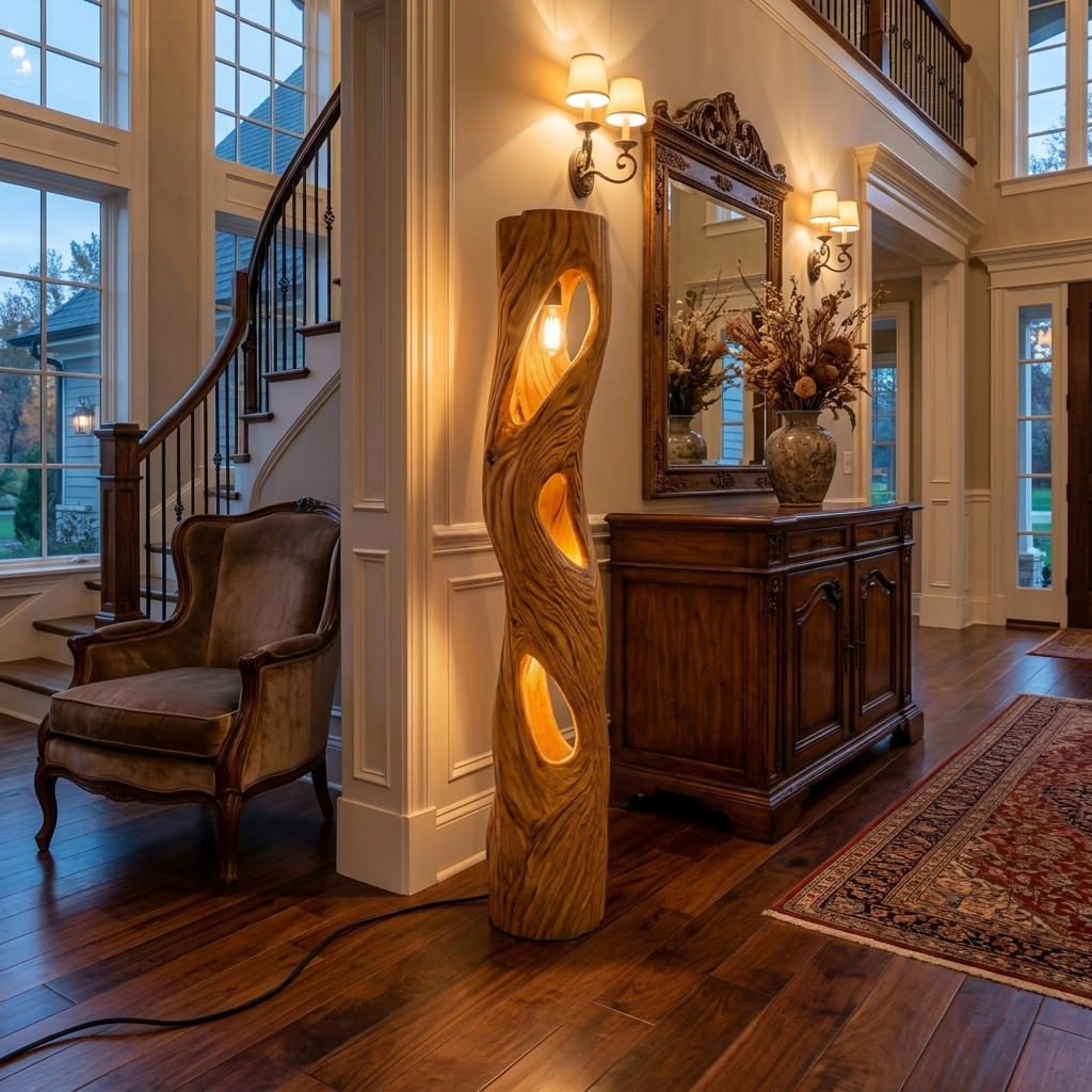 Rustic Sculptural Wooden Floor Lamp For Home Decor - Image 6