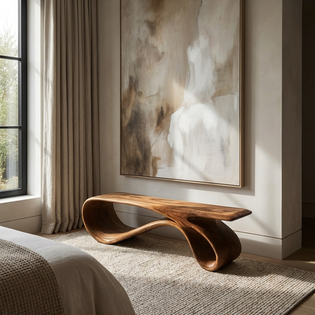 Curved Natural Wood Bench For Contemporary Living Room Decor - Image 6