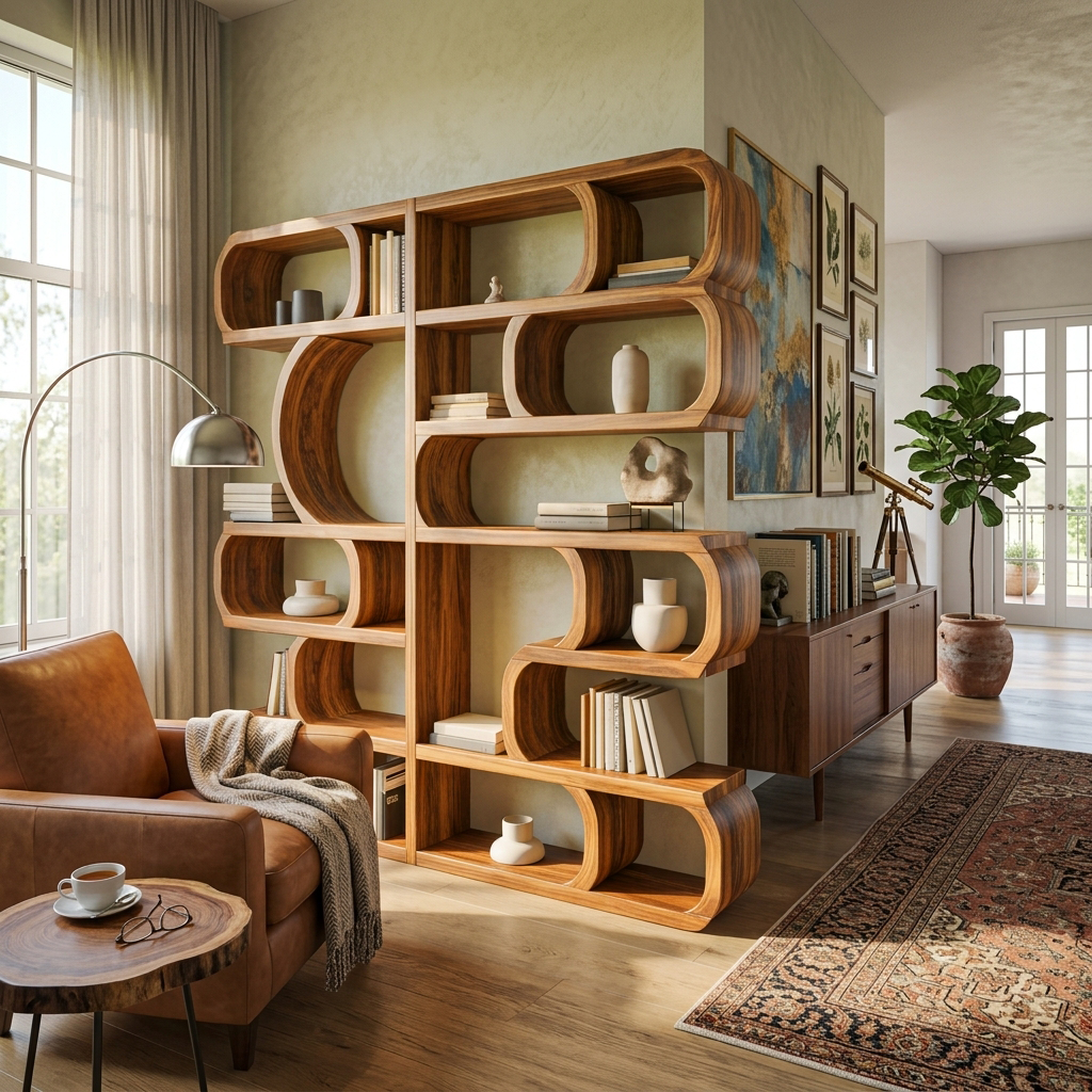 Modern Sculptural Bookshelf With Symmetrical Curves For Living Room Or Office - Image 6