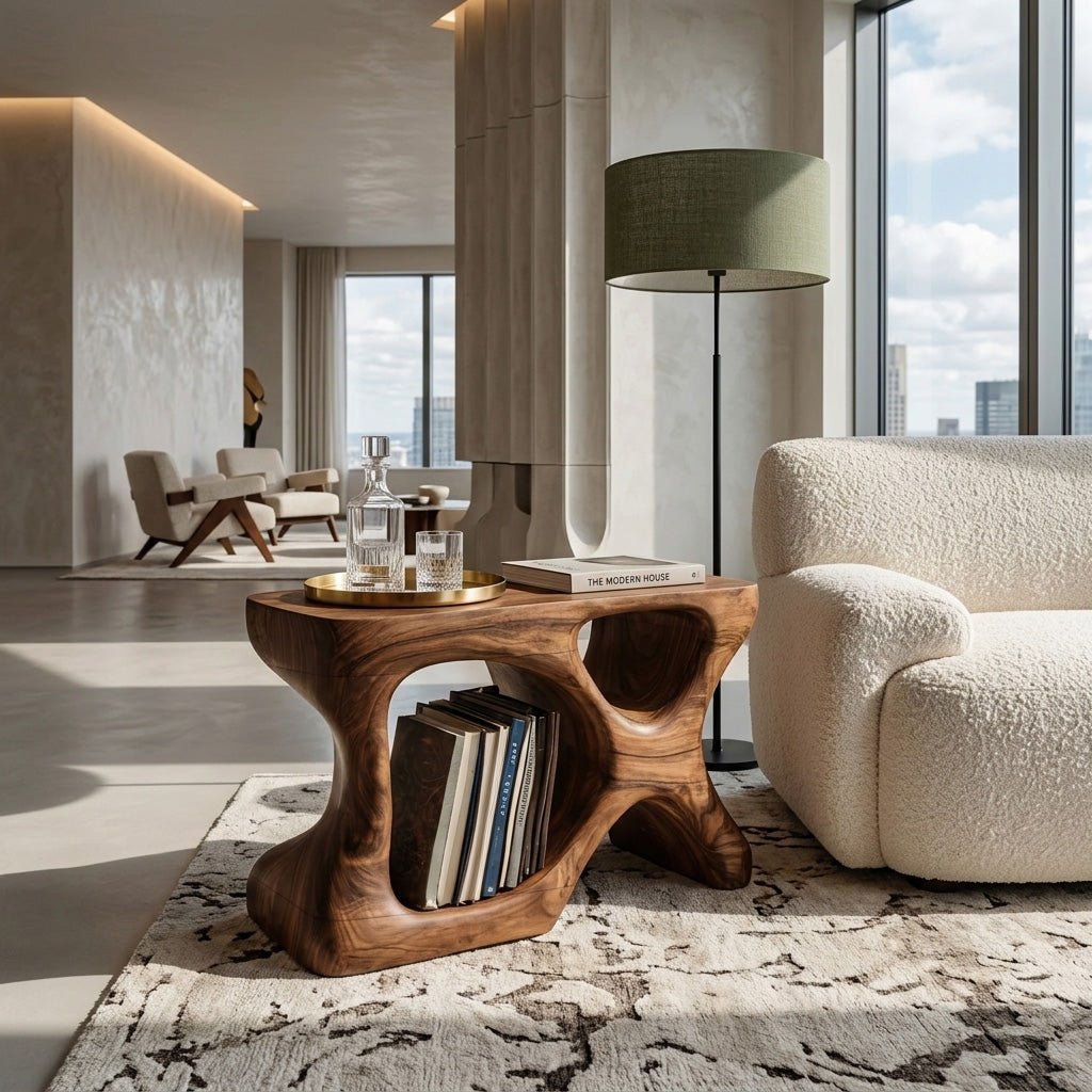 Minimalist Sculptural Wood Side Table With Organic Shape And Storage For Modern Living Room - Image 6