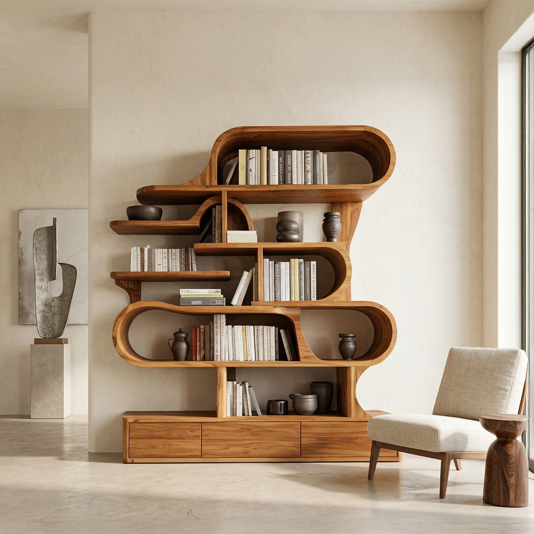 Modern Sculptural Bookshelf With Curved Design For Living Room Or Office - Image 6