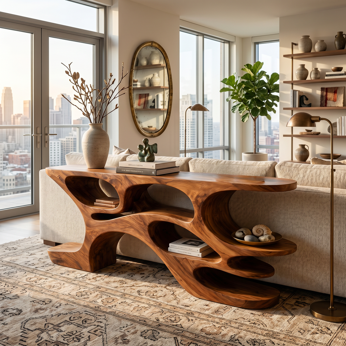 Artistic Wooden Console Table With Cutout Shelves For Home Decor - Image 6