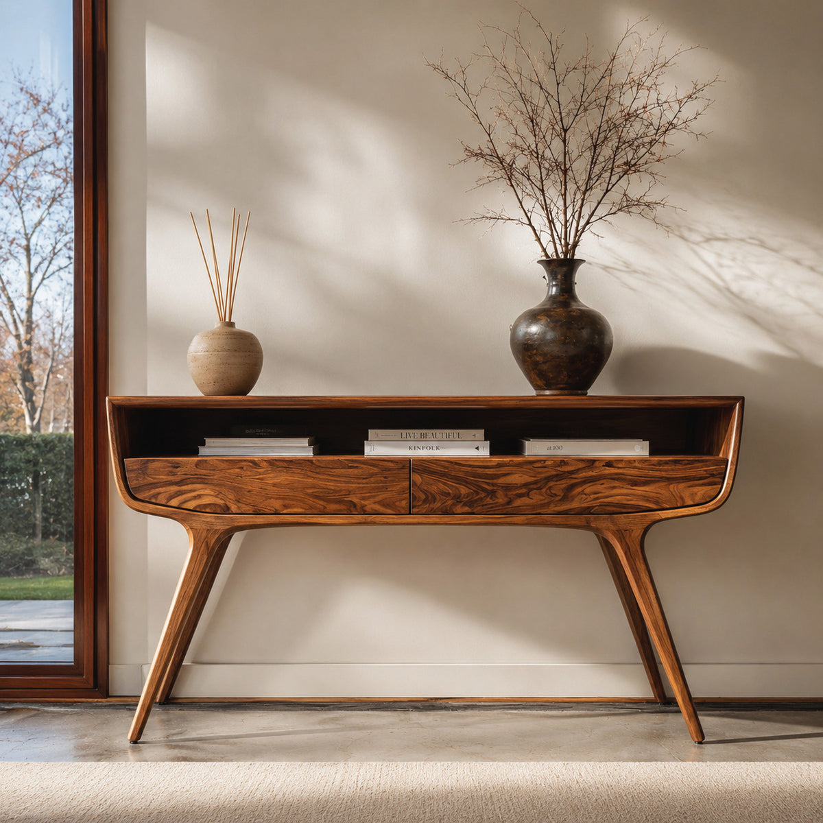 Mid Century Curved Console Table With Drawers For Entryway - Image 6
