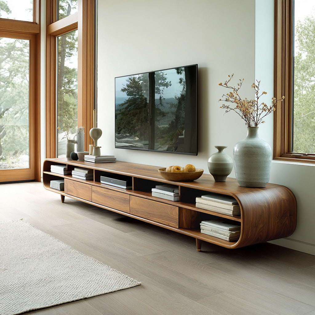 Mid Century Wooden TV Cabinet With Multiple Compartments For Living - Image 6