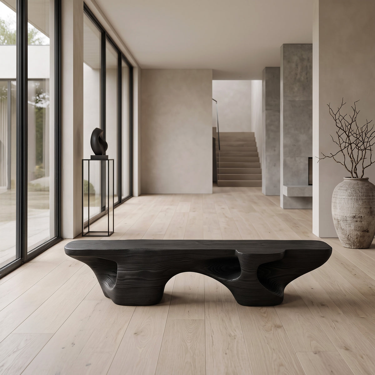 Contemporary Sculptural Bench With Carved Design For Living Room - Image 3