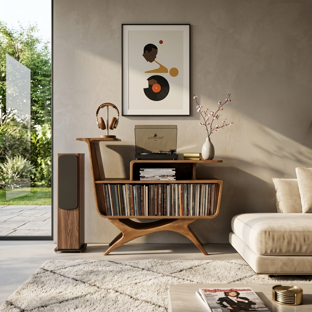 Modern Wooden Record Player Stand With Open Frame For Living - Image 6