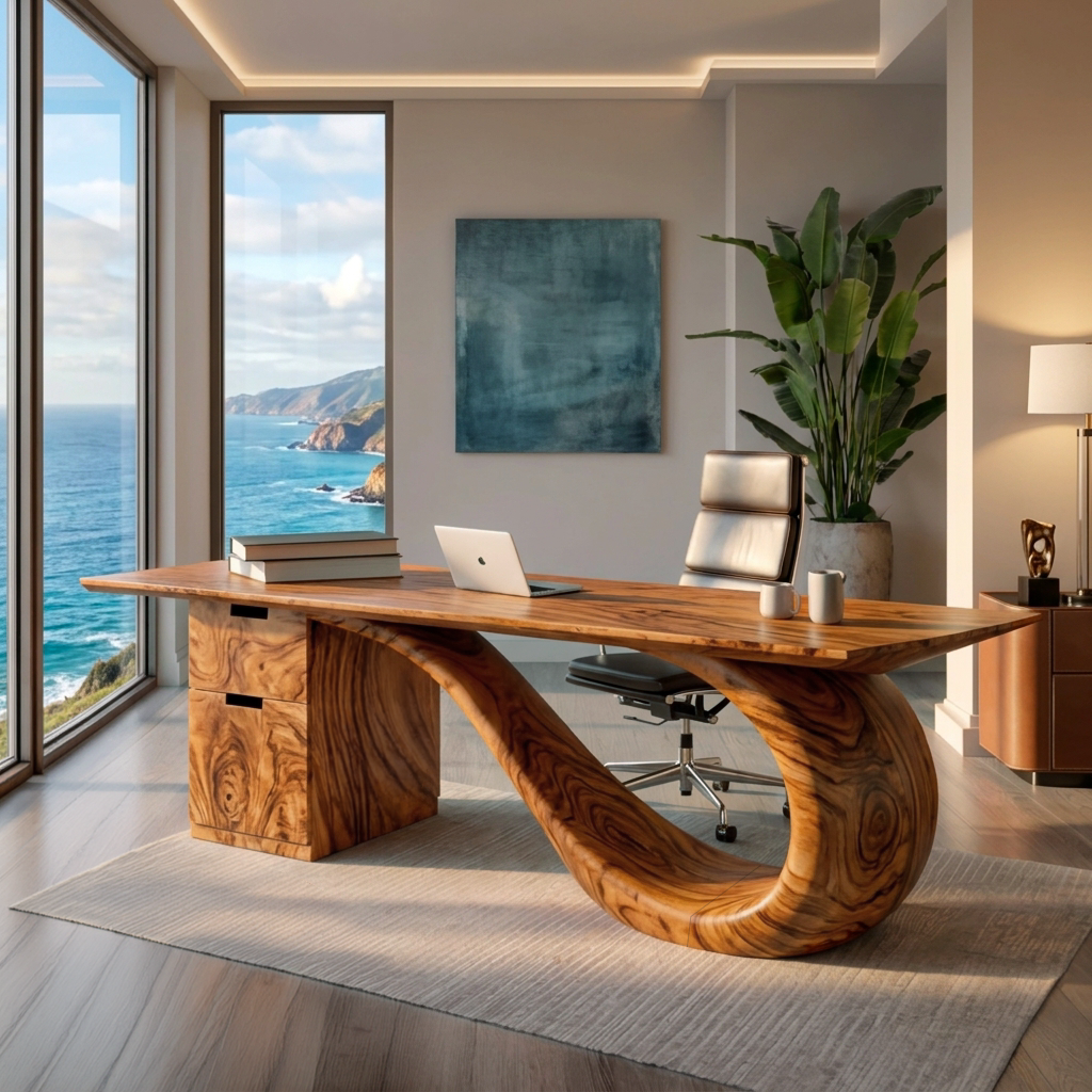 Modern Wooden Desk With Curved Base For Office - Image 6