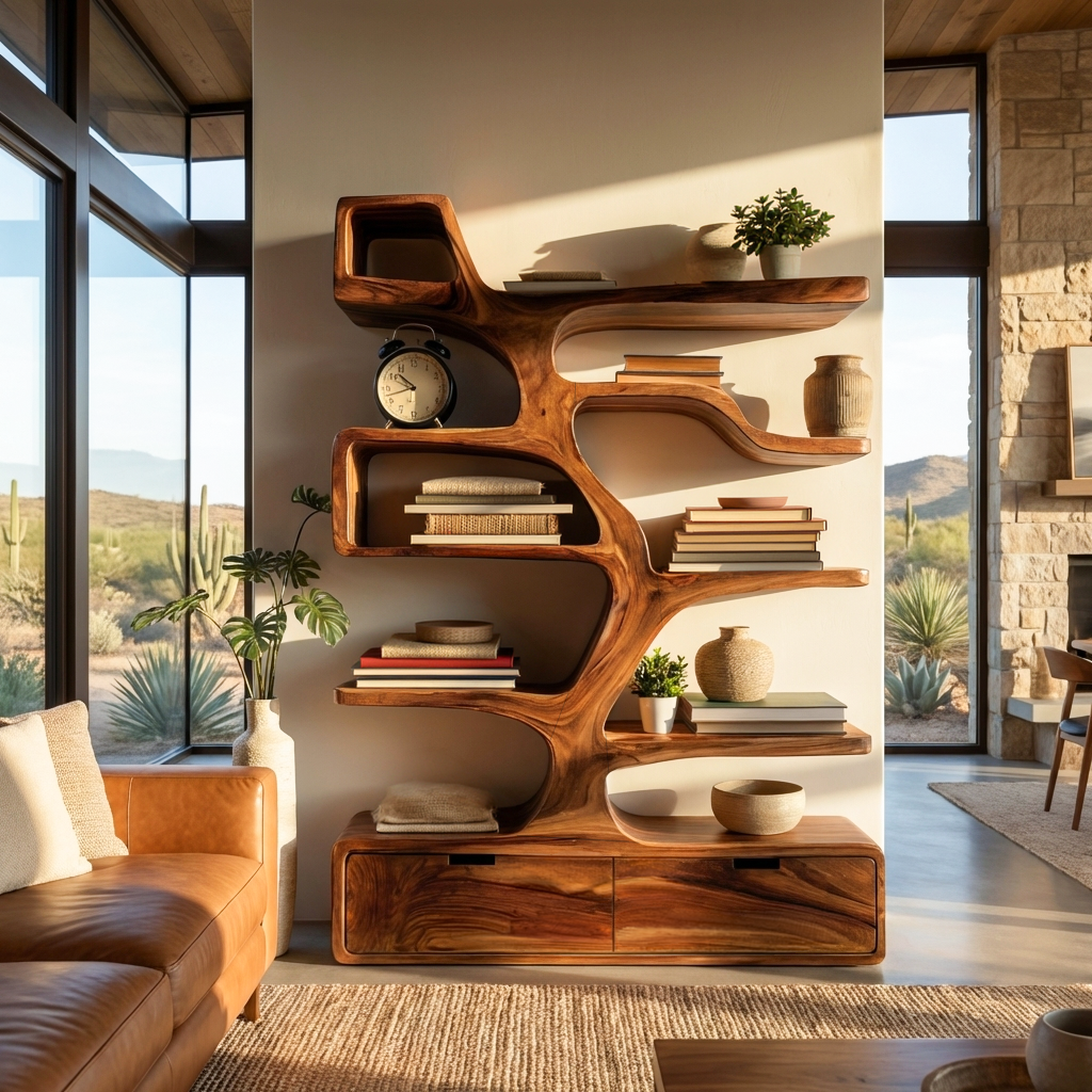 Contemporary Wooden Bookshelf Sculpted Design For Living Space - Image 6