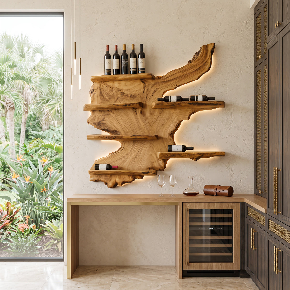 Rustic Live Edge Wine Rack Shelf With LED For Bar - Image 5
