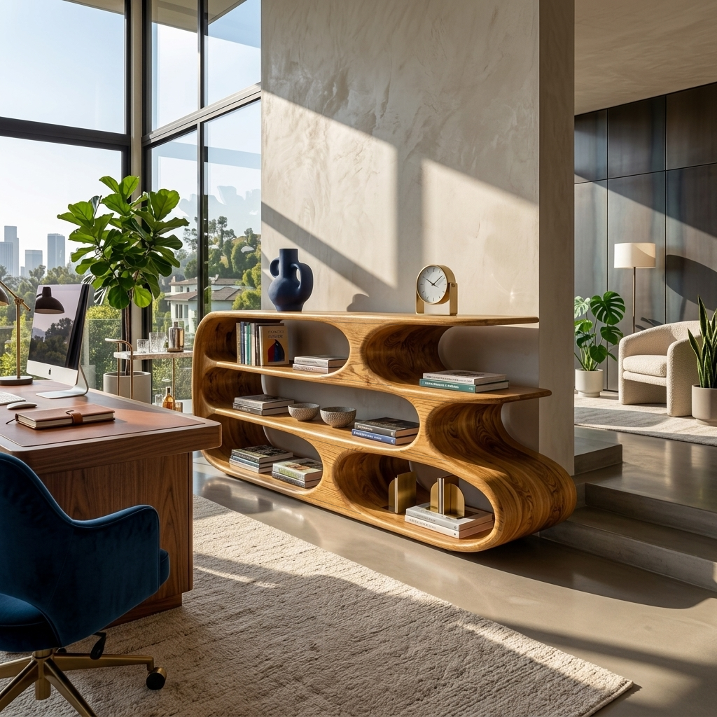 Modern Bookshelf With Sculptural Curves For Living Room Interior - Image 5