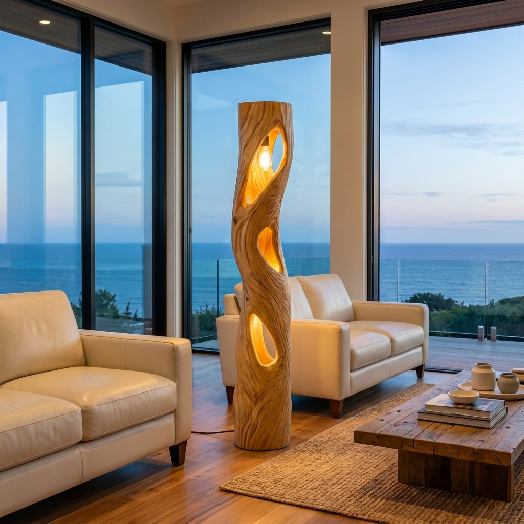 Rustic Sculptural Wooden Floor Lamp For Home Decor - Image 5