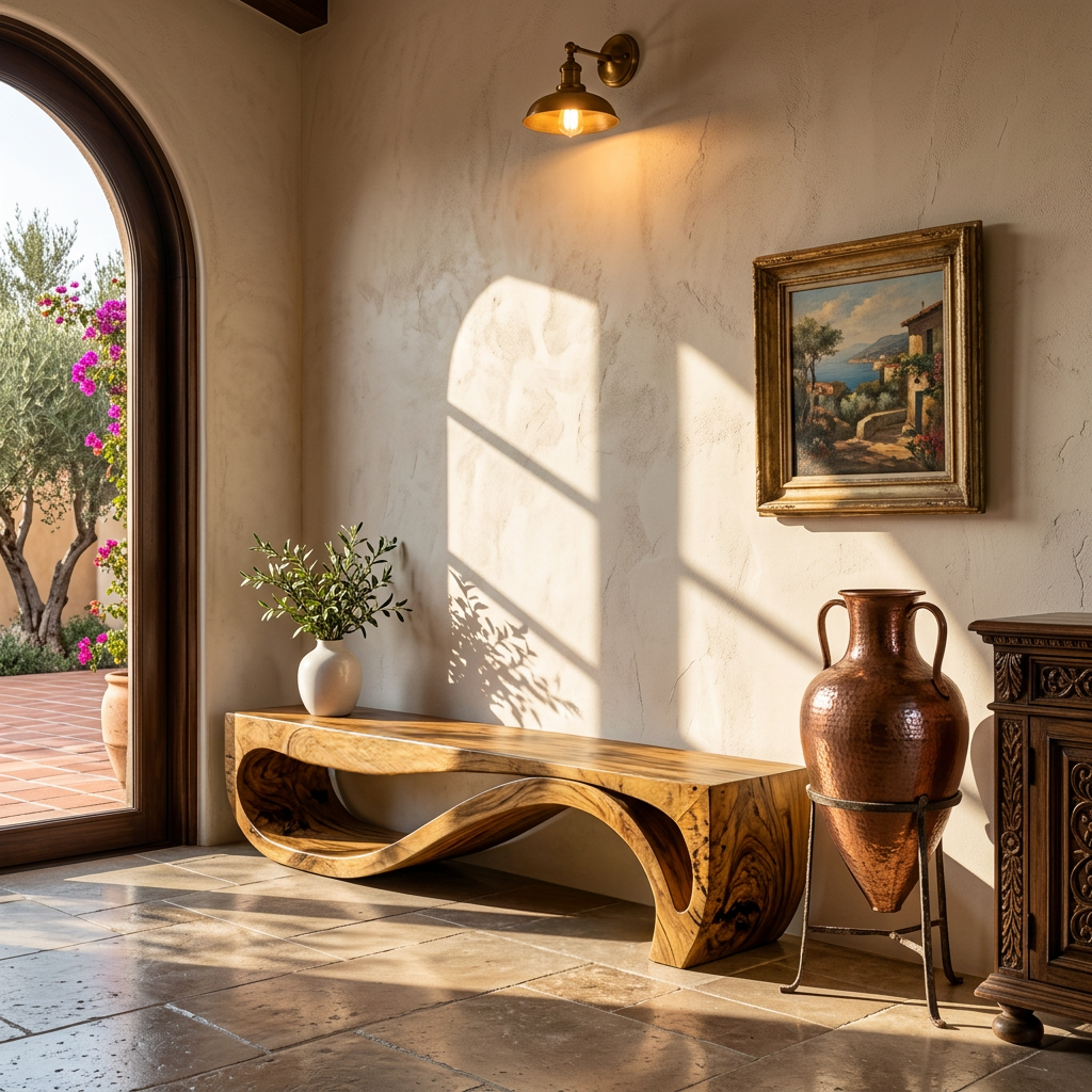 Sculptural Bench With Wave Design For Entryway - Image 5