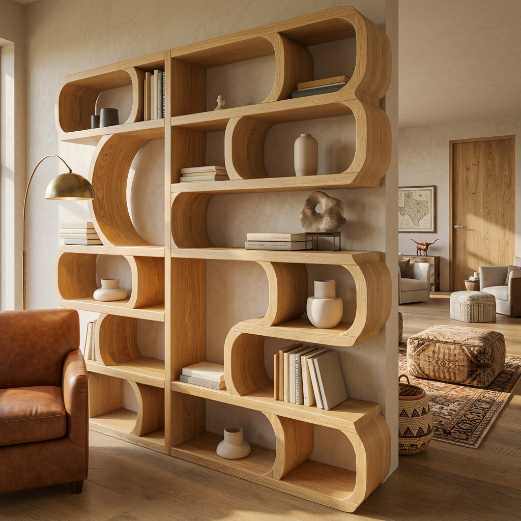 Modern Sculptural Bookshelf With Symmetrical Curves For Living Room Or Office - Image 5