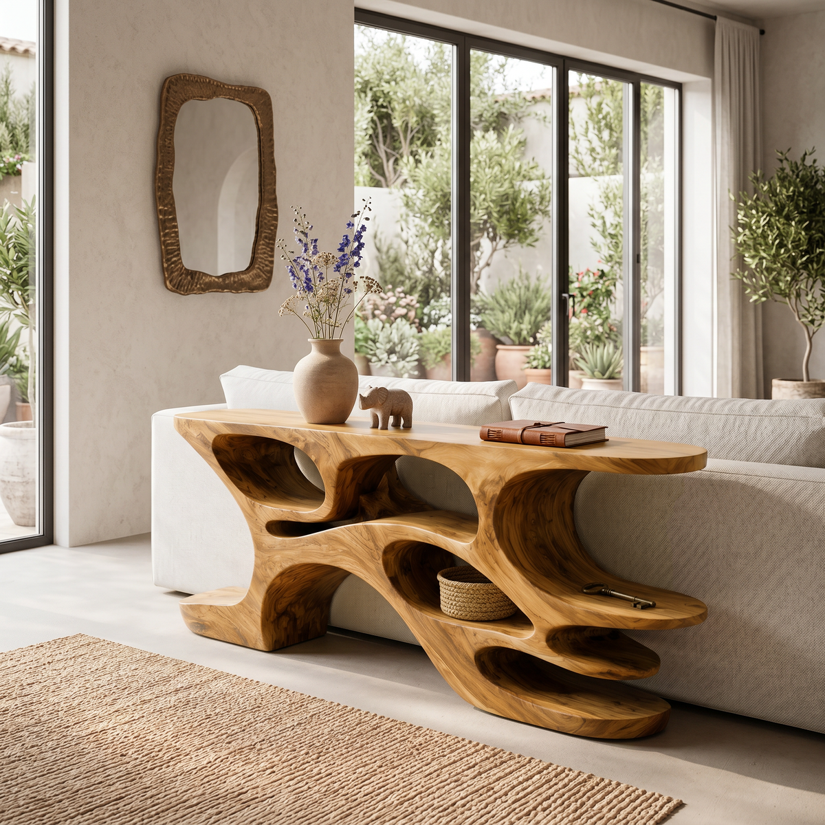 Artistic Wooden Console Table With Cutout Shelves For Home Decor - Image 5
