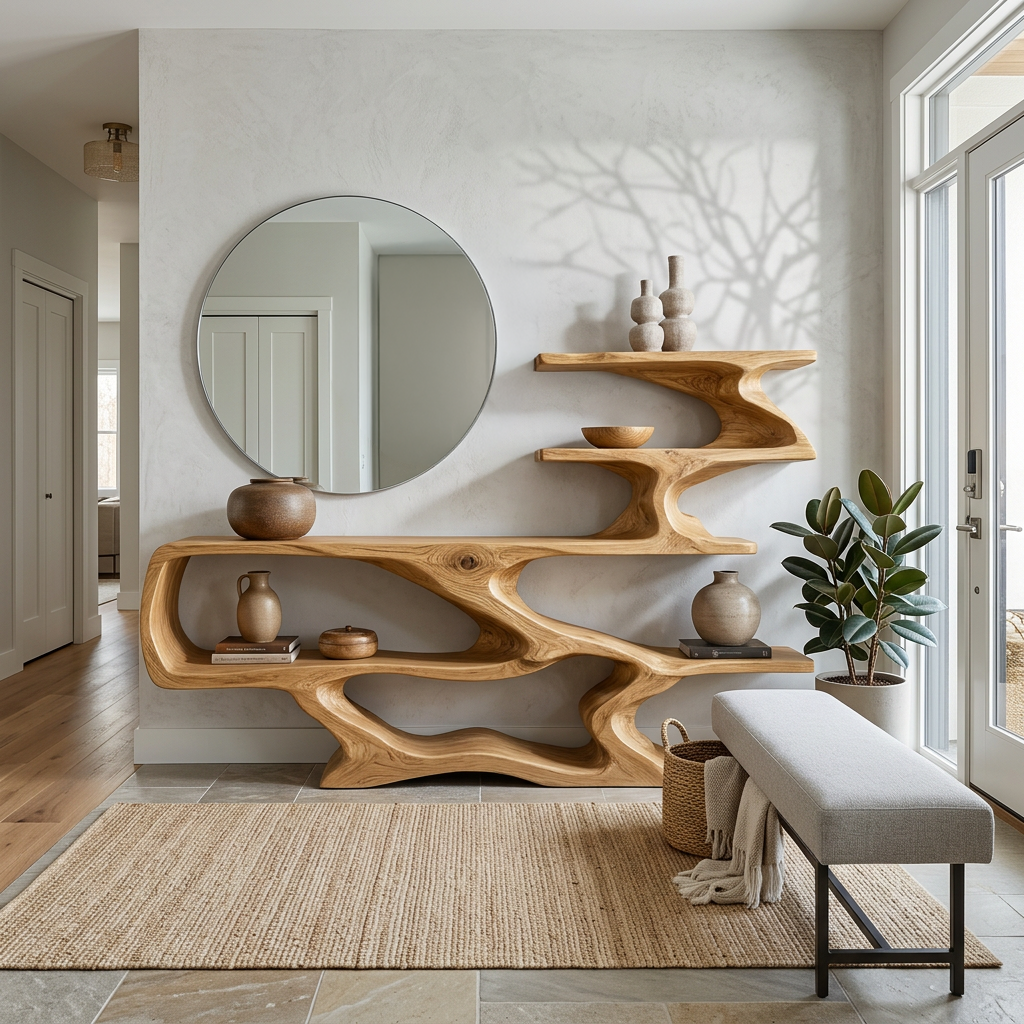 Modern Sculptural Wooden Console Table With Open Shelves For Interior - Image 5