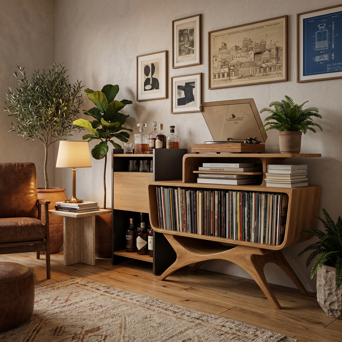 Modern Wooden Record Player Stand With Open Frame For Living - Image 5