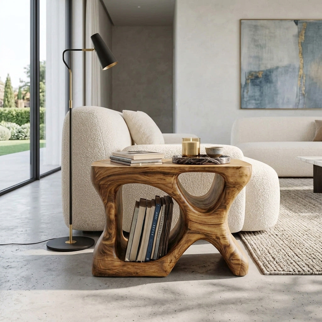 Minimalist Sculptural Wood Side Table With Organic Shape And Storage For Modern Living Room - Image 5