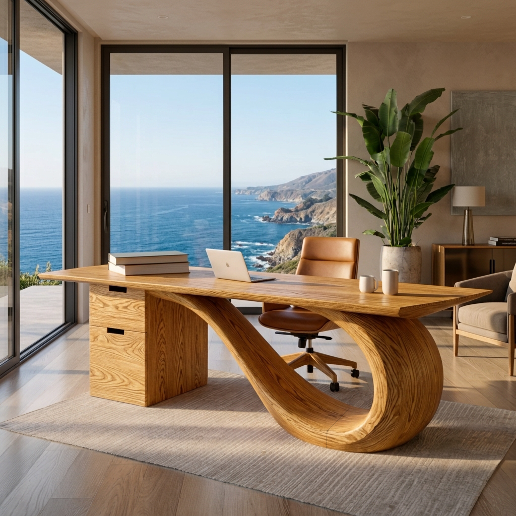 Modern Wooden Desk With Curved Base For Office - Image 5