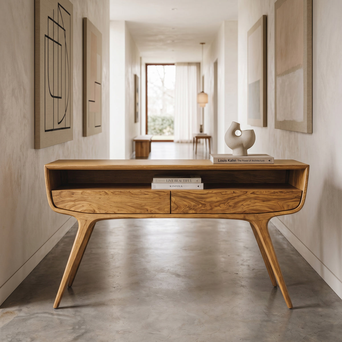 Mid Century Curved Console Table With Drawers For Entryway - Image 5