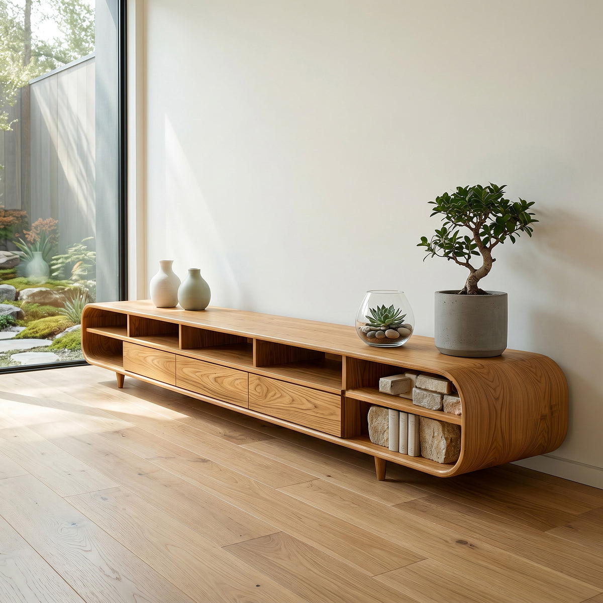 Mid Century Wooden TV Cabinet With Multiple Compartments For Living - Image 5