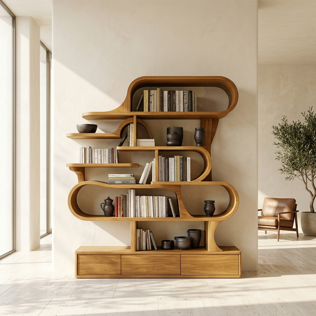 Modern Sculptural Bookshelf With Curved Design For Living Room Or Office - Image 5