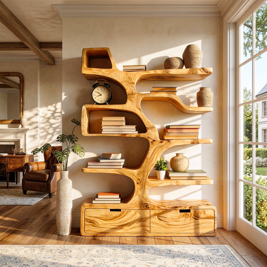 Contemporary Wooden Bookshelf Sculpted Design For Living Space - Image 5