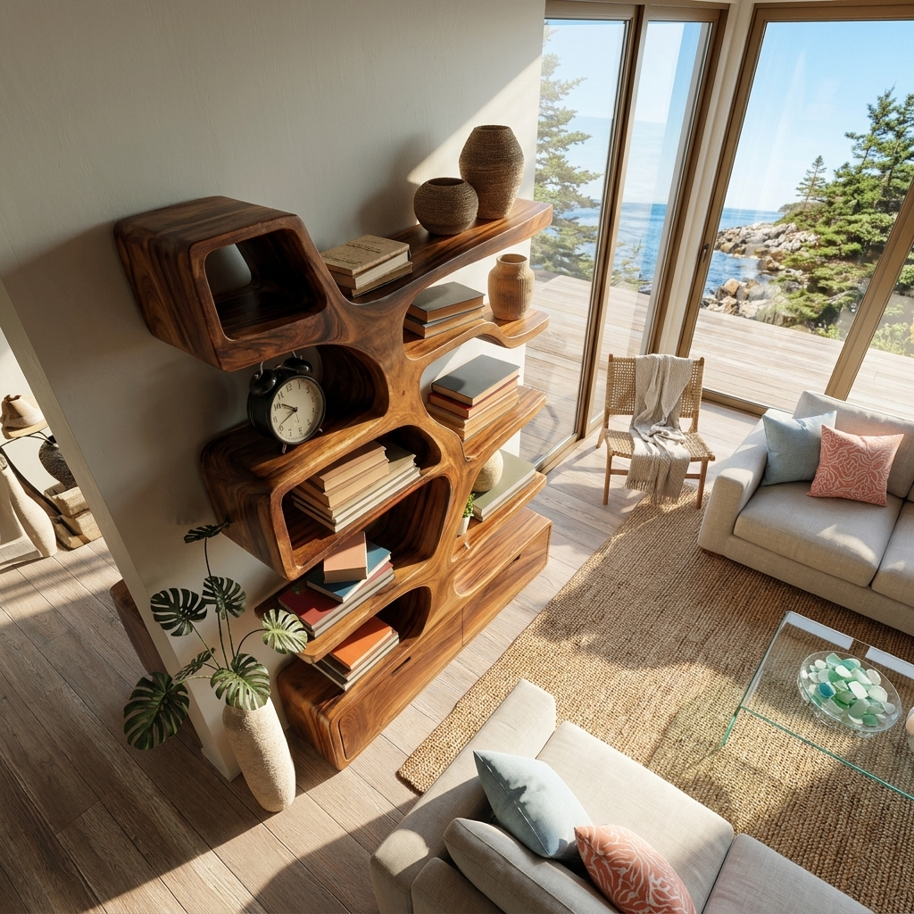 Contemporary Wooden Bookshelf Sculpted Design For Living Space - Image 2