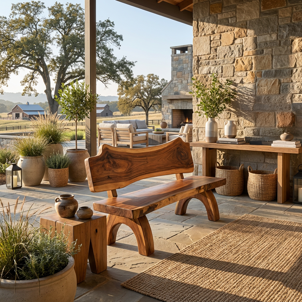 Rustic Live Edge Bench With Backrest For Patio Garden Courtyard - Image 2