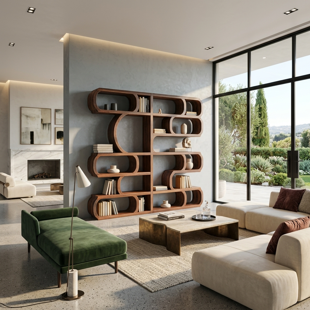 Modern Sculptural Bookshelf With Symmetrical Curves For Living Room Or Office - Image 2