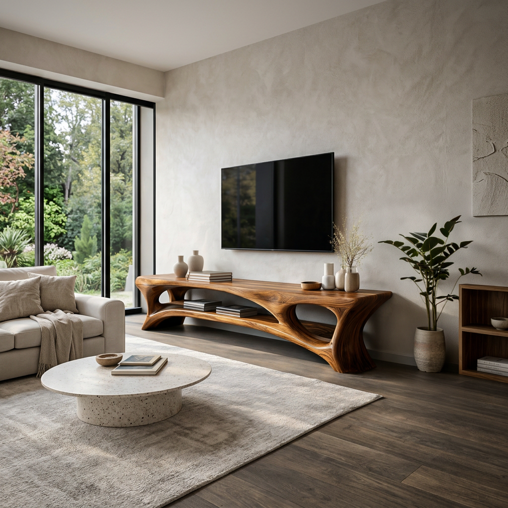 Organic Wood TV Stand With Open Shelf For Living Space - Image 2