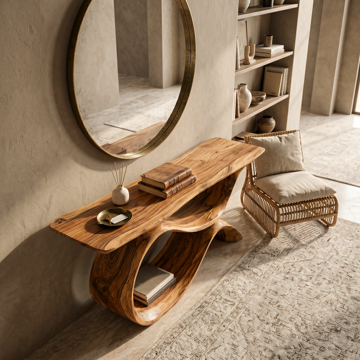 Modern Wooden Console Table With Curved Open Storage For Home - Image 2