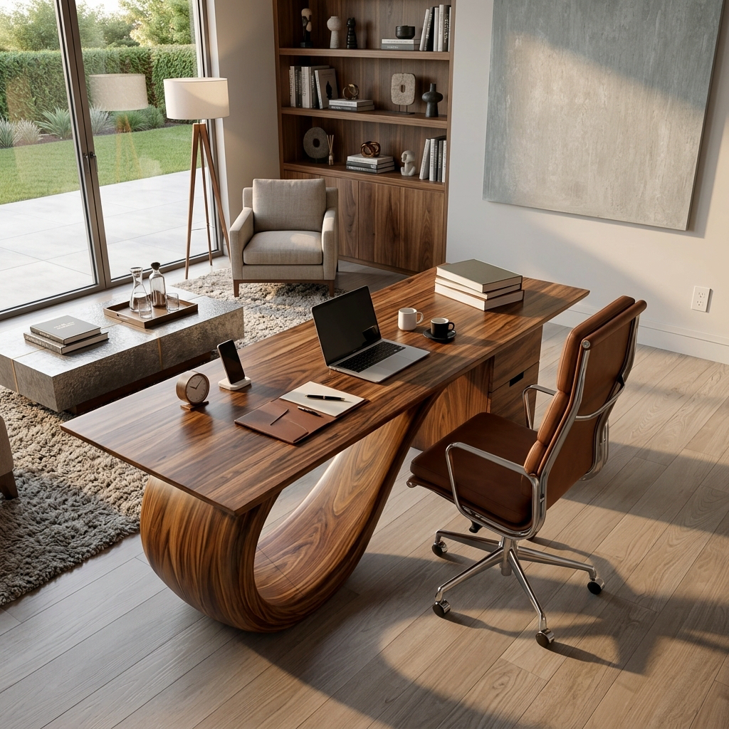 Modern Wooden Desk With Curved Base For Office - Image 2