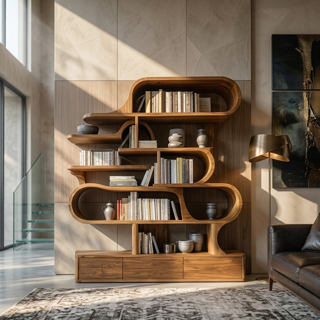 Modern Sculptural Bookshelf With Curved Design For Living Room Or Office - Image 3