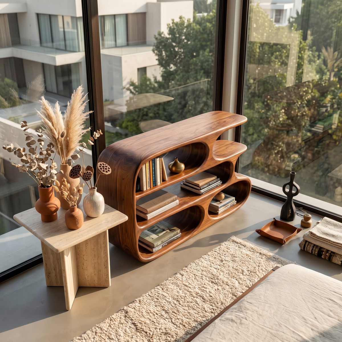 Modern Bookshelf With Sculptural Curves For Living Room Interior - Image 3