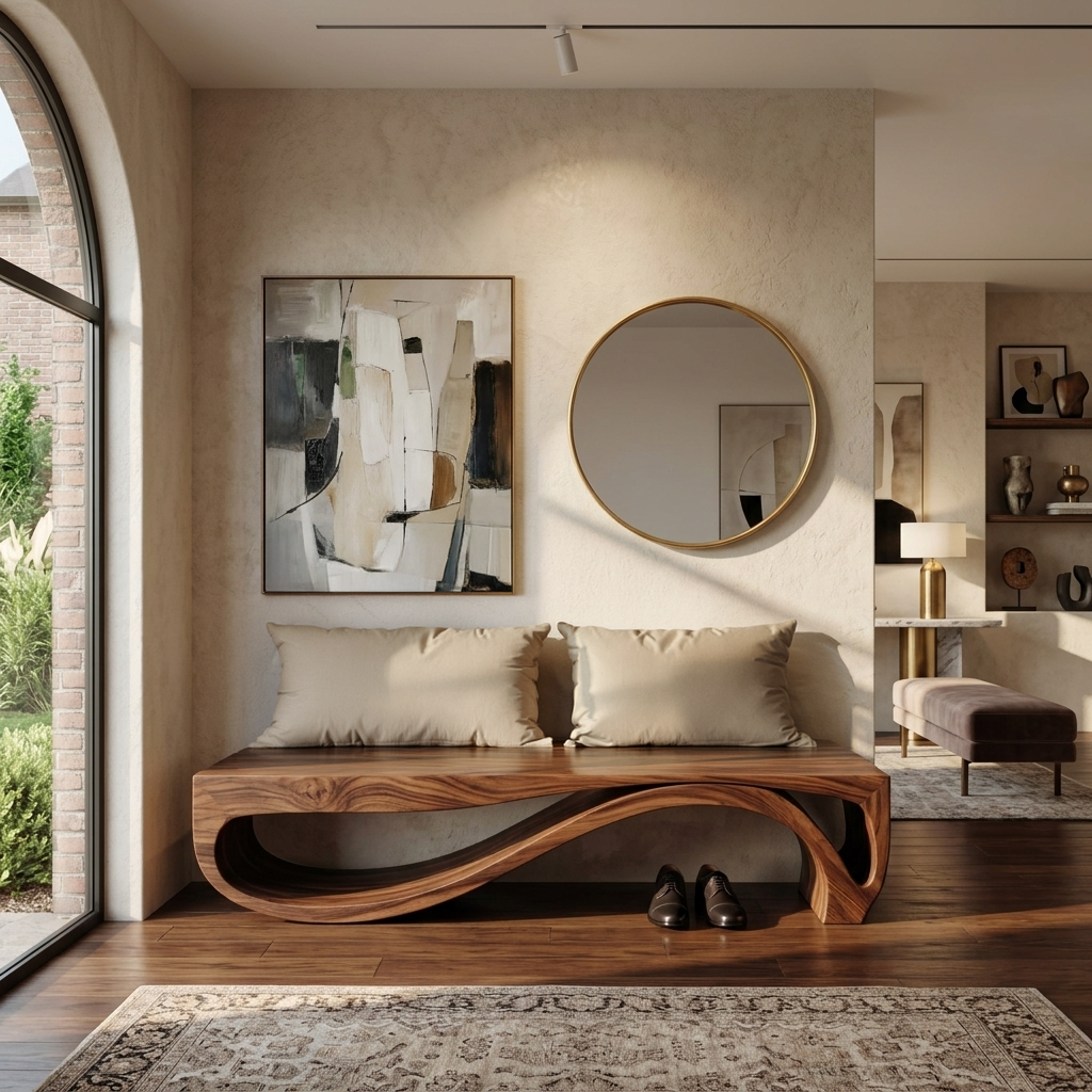Sculptural Bench With Wave Design For Entryway - Image 2