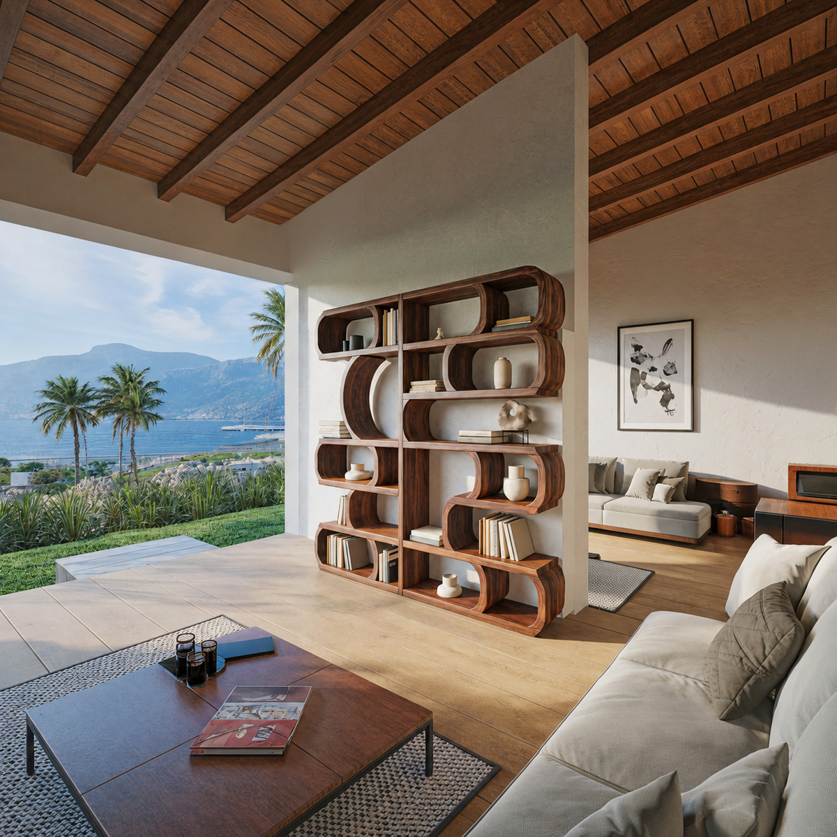 Modern Sculptural Bookshelf With Symmetrical Curves For Living Room Or Office - Image 3