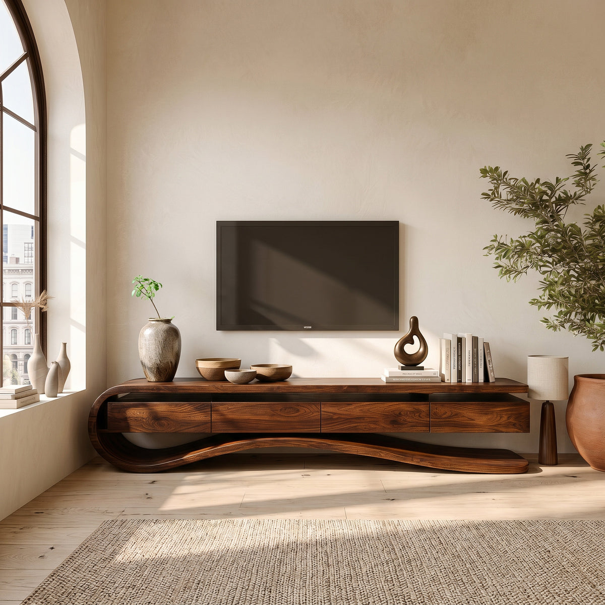 Contemporary Curved Rounded TV Console For Designer Living Room - Image 2