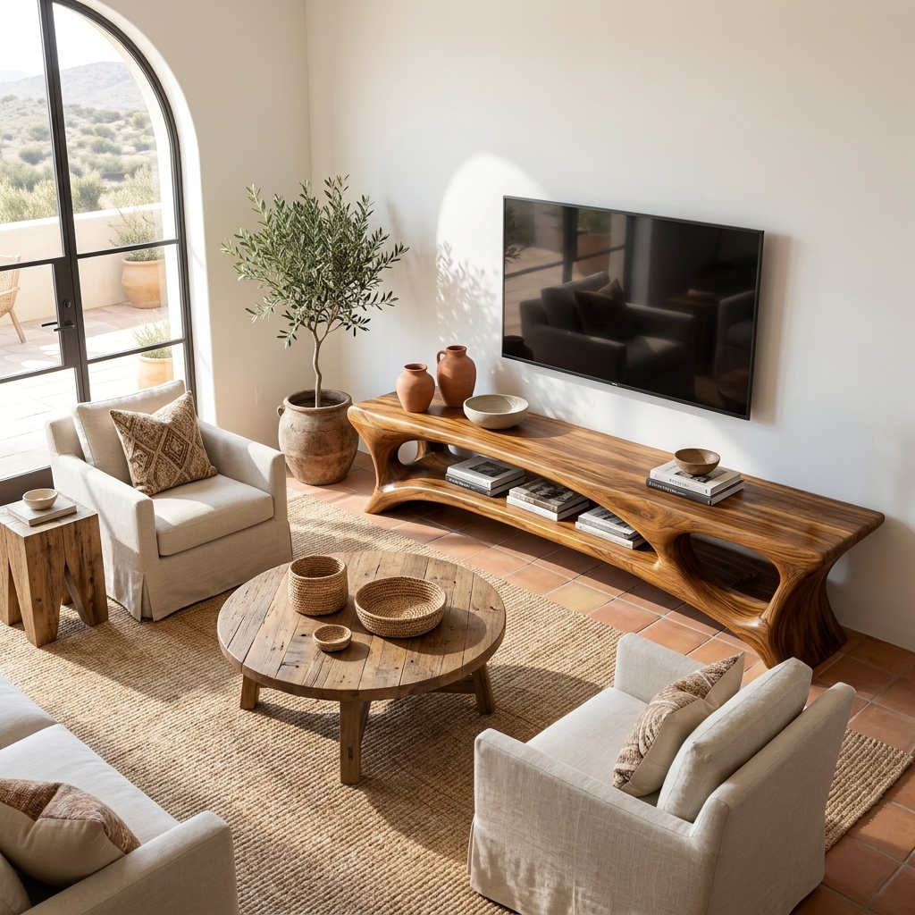 Organic Wood TV Stand With Open Shelf For Living Space - Image 3
