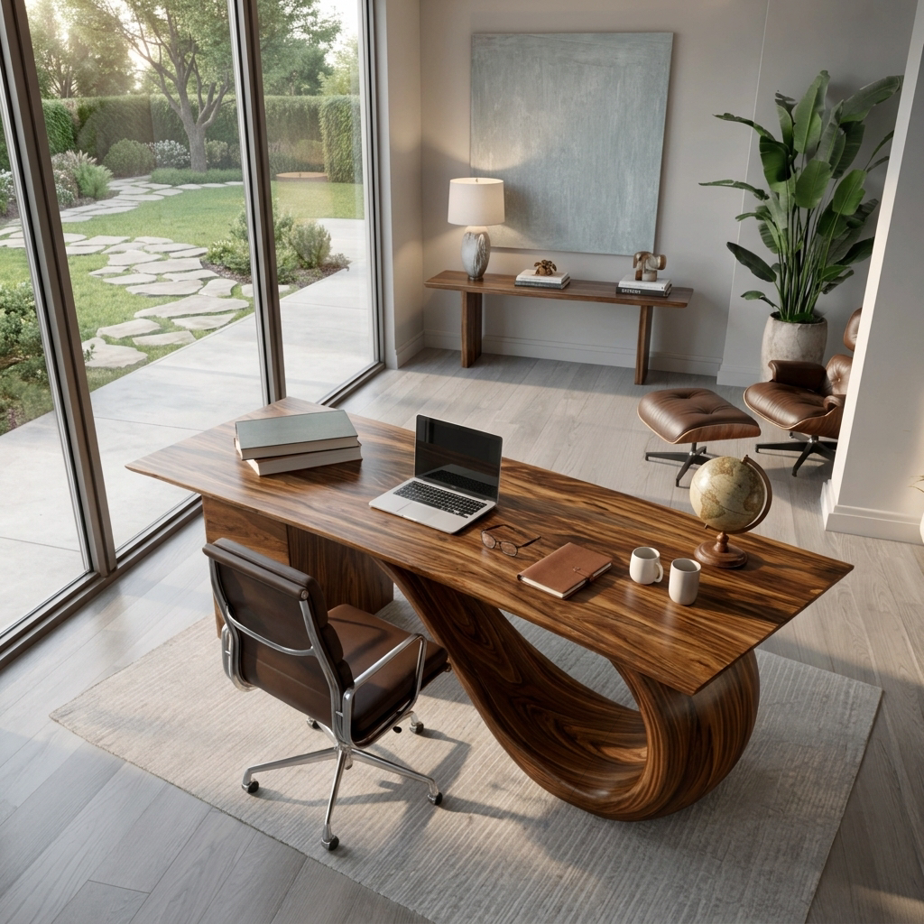Modern Wooden Desk With Curved Base For Office - Image 3